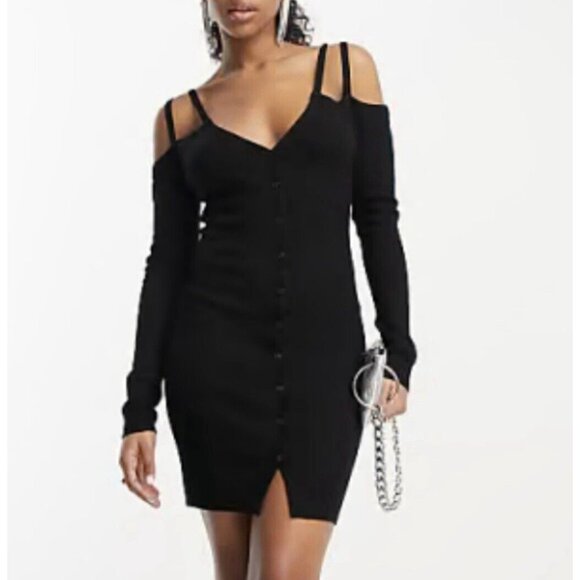 Miss Selfridge Button Through Black Cold Shoulder Ribbed Sweater Mini Dress - 10 - Picture 1 of 5